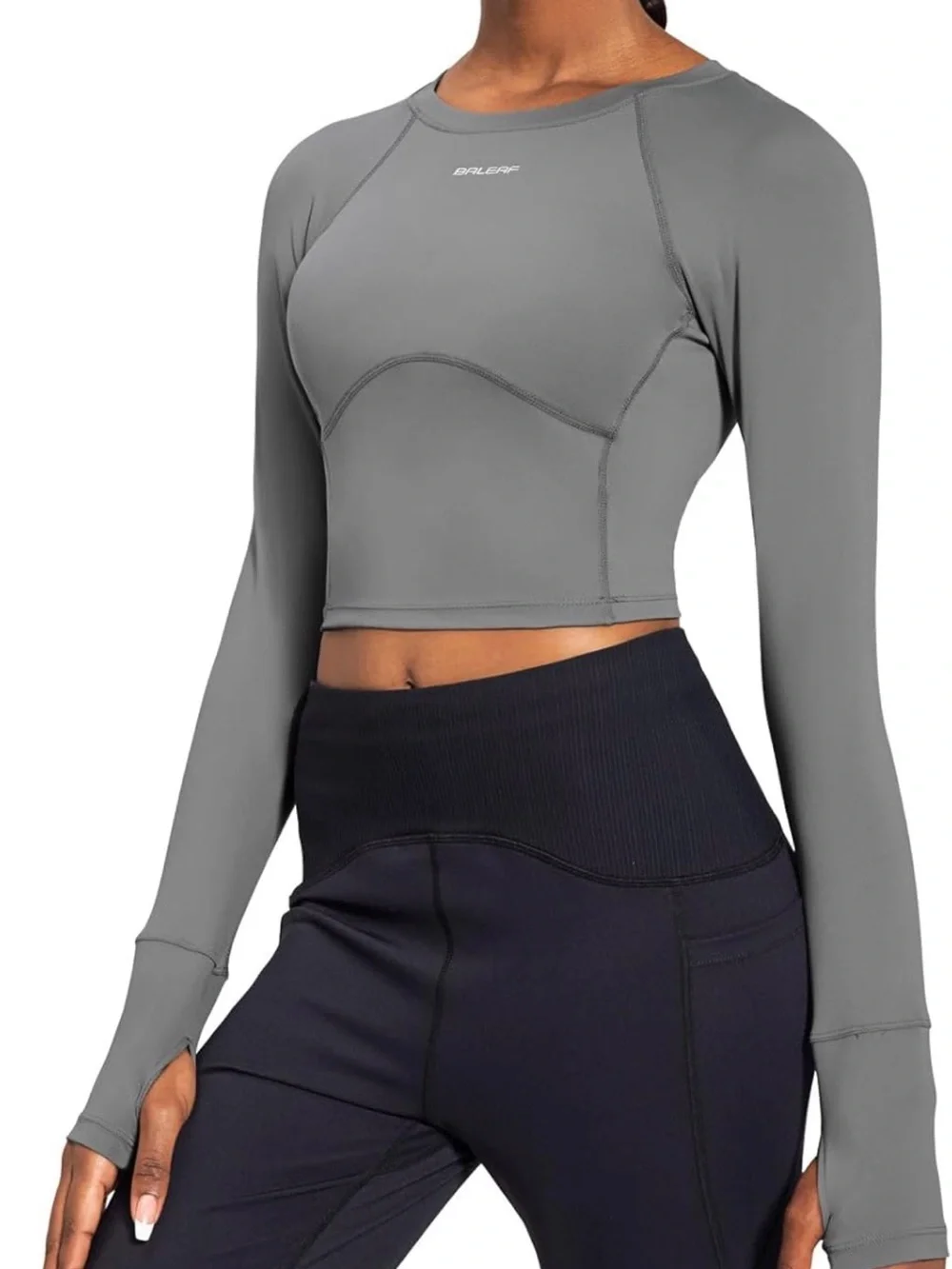 BALEAF | Women’s Gray Long Sleeve Cropped Athletic Top - Picture 5 of 6